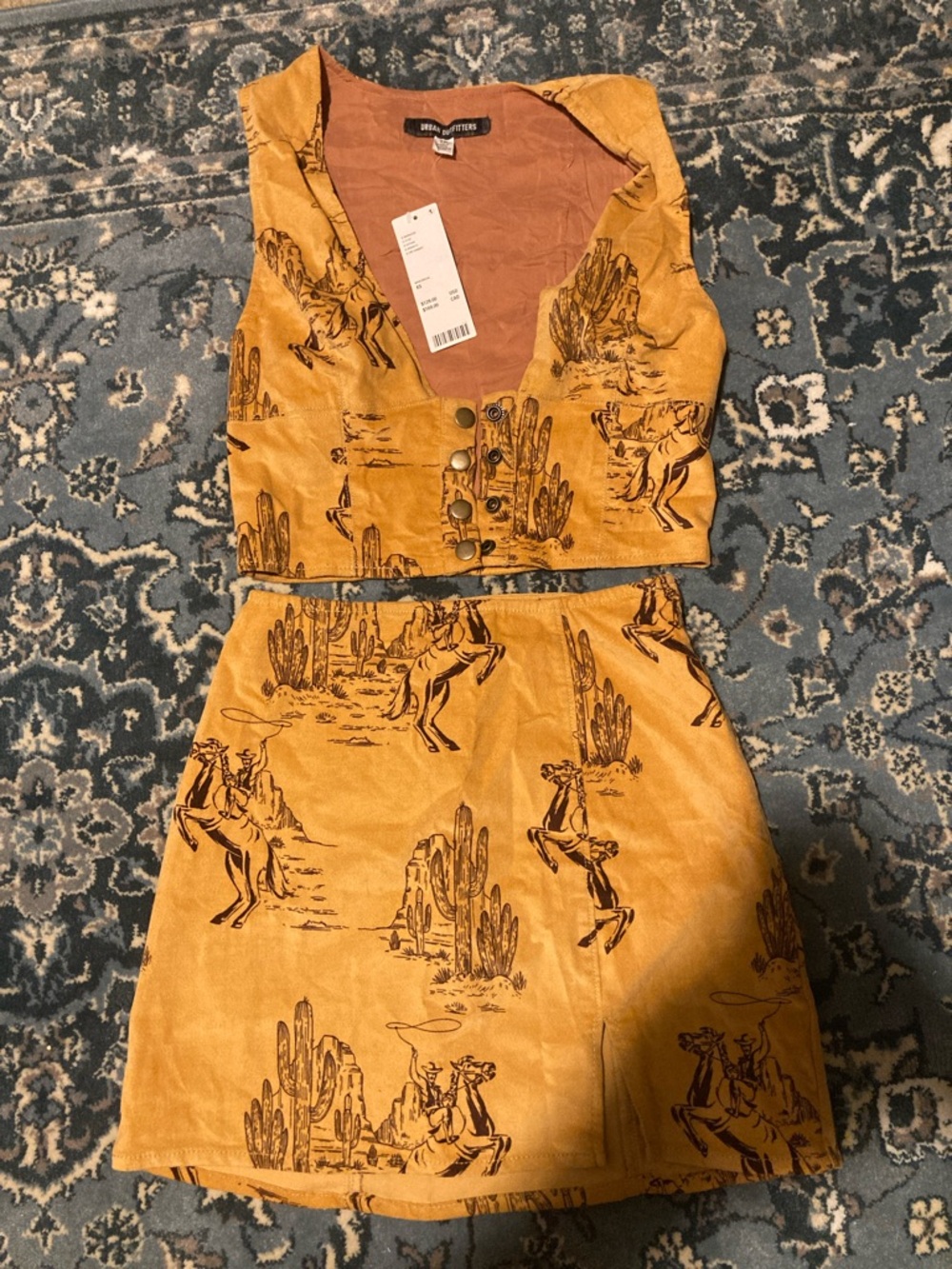 Urban Outfitters Mustard Western Print Mini Skirt & Crop Vest Set